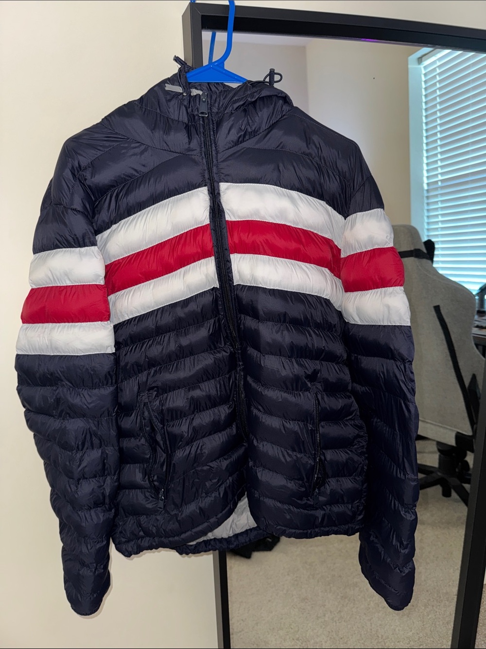 Men's Tommy Hilfiger Navy Puffer Jacket with Red & White Stripes